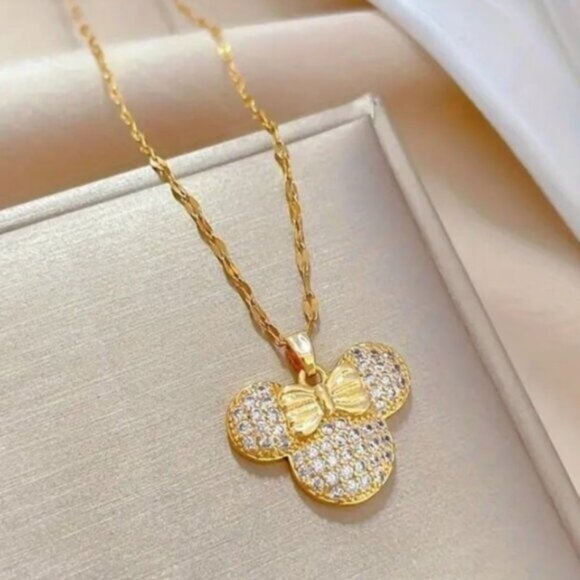Disney Jewelry - Minnie Mouse Disney Gold Tone Cubic Zirconia Studded Pendant Necklace New